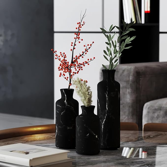 Creative Scents Black Marble Look 3pc Vase Set – Boho Vases for Decor, Modern Vases for Holding Pampas Grass, Dried/Fresh Flowers, Vases for Living Room - Kitchen, Bedroom, Office, Shelf Decor - Image 8