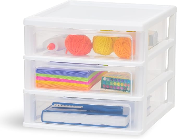 IRIS USA 3-Drawer Medium Stacking Desktop Organizer, White | Organize office supplies, stationery, makeup, craft materials and everyday essentials for neat desktop storage by IRISUSA