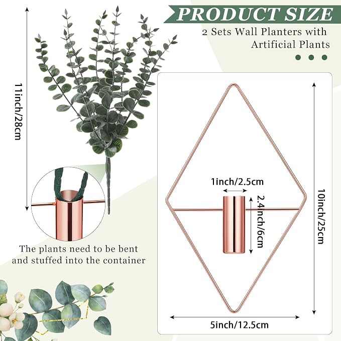 Jexine 4 Pcs Hanging Planters with Artificial Eucalyptus Metal Hanging Vase Indoor Plants Holder Modern Geometric Boho Bathroom Wall Decor for Living Room Home Office (Eucalyptus,Rose Gold) - Image 2