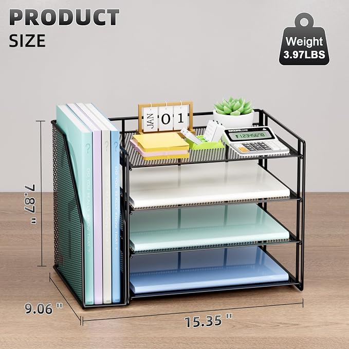 Marbrasse 4-Tier Paper Tray Organizer with File Holder, Black | Sturdy Paper Tray, Built-in File Holder, fits Letters/Docs, Saves Desk Space, for School/Office/Home - Image 3