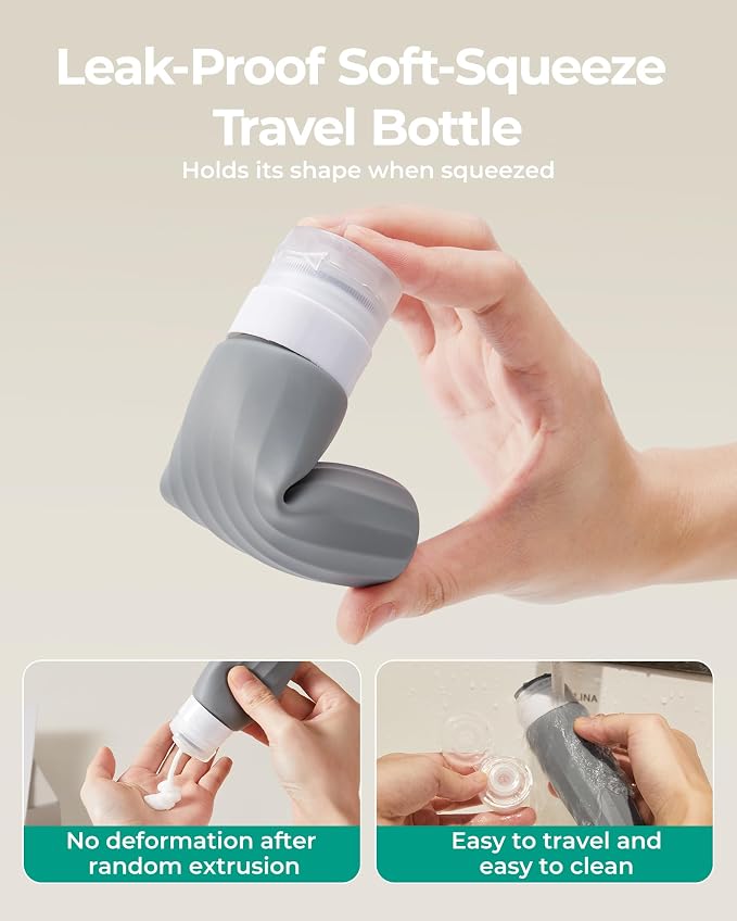 BAGSMART 18 Pack TSA Approved Travel Bottles for Toiletries, Leak Proof Silicone Travel Size Containers Bottles for Shampoo, Grey - Image 5