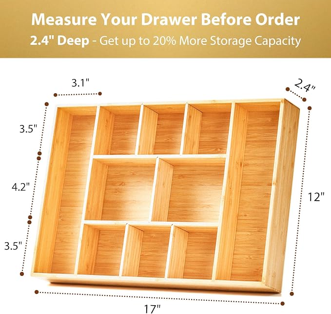 Umilife Extra Large Bamboo Desk Drawer Organizer, Wood Junk Organizer Tray with Adjustable Dividers, Anti-Skip Storage Organization in Office Bathroom Drawer for Vanity, Makeup, 17" x 12" - Image 4
