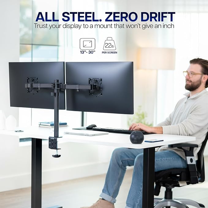 VIVO Dual Monitor Desk Mount, Holds 2 Computer Screens up to 30 inches and 22lbs Each, Heavy Duty Fully Adjustable Steel Stand with C-Clamp and Grommet, Black, STAND-V002 | Black, Articulating, Adjustable Monitor Arm, Grommet or C-Clamp Mounting, Compu... - Image 2