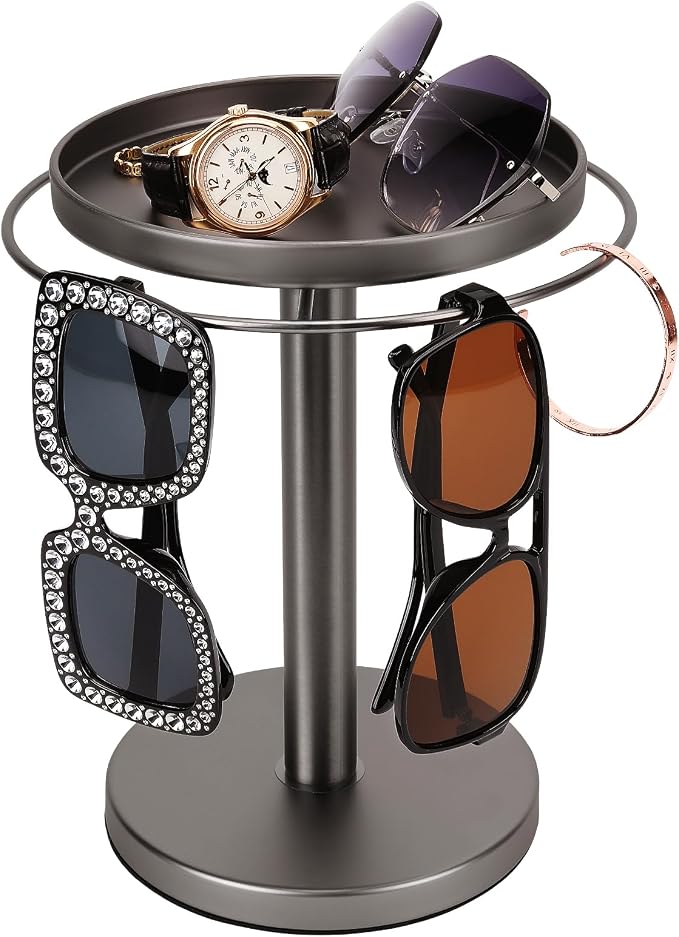 kondyfayo 360 Rotating Sunglass Organizer Glasses Holder (Titanium Black) | Stainless Steel Stand with 360 Rotation Holds 9 to 12 Pairs. Top Tray Stores Rings, and Keys for Desk, Dresser, Nightstand by KONDYFAYO