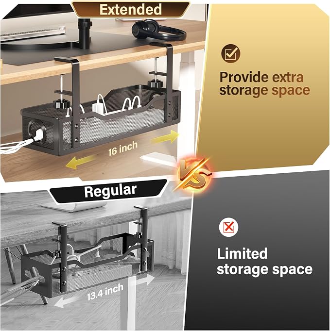 [Upgraded] 2 Pack Under Desk Cable Management Tray, Cinati Cord Organizers for Table Thickness up to 3", 16" Wire Organization with Clamp No Drill, Cable Management Box for Office - No Damage to Desk - Image 2