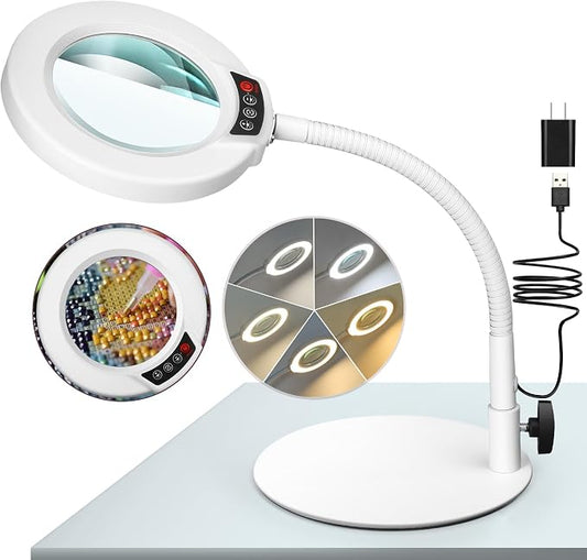 10X Magnifying Glass with Light and Stand, 5 Color Modes Stepless Dimmable LED Lighted Desk Lamp, Hands Free Flexible Gooseneck Magnifier with Light for Craft Hobby Painting Close Work - White by KRSTLV