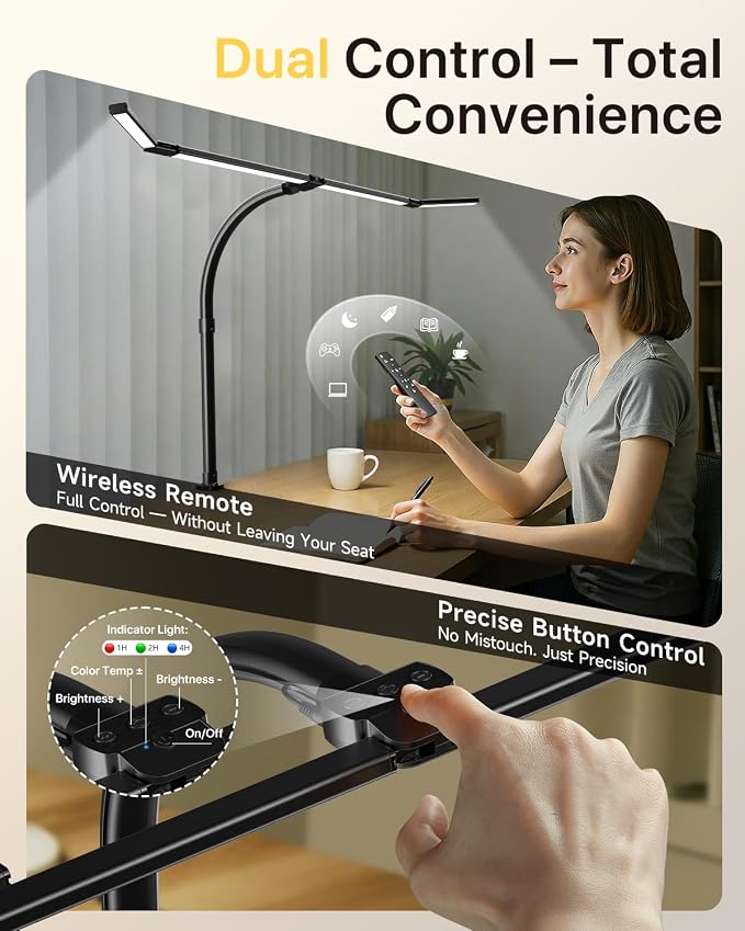 ONEMIX 42-Inch LED Desk Lamp for Dual Monitors with Clamp and Remote | 4 Adjustable Panels for Focused or Wide-Area Light, 1800LM, Flexible Gooseneck, 5 Color Temps, 5 Brightness Levels, Timer - Image 6