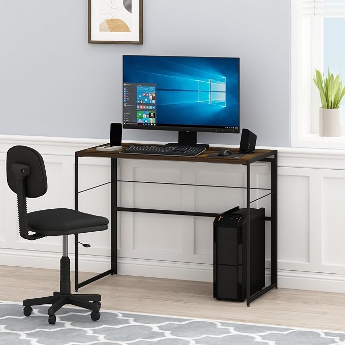 Furinno Riau No Tool/No Assembly/Folding Metal Frame Computer Desk, Rustic Oak/Black, 39 Inch - Image 2