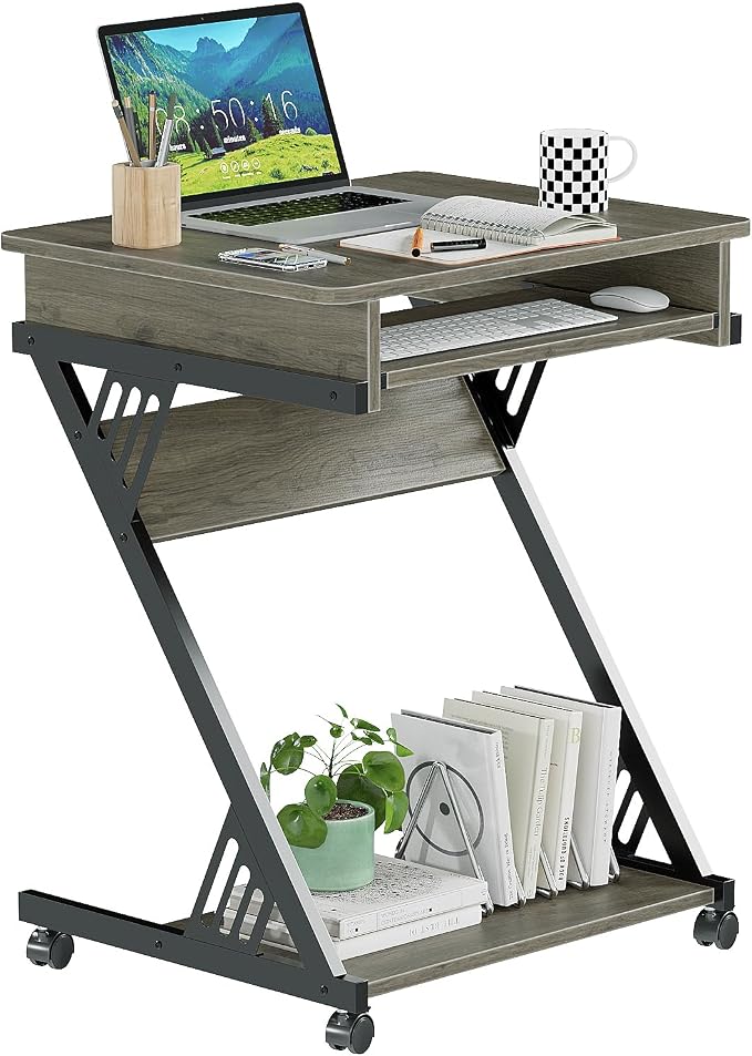 ALISENED Computer Desk for Small Spaces Compact Desk with Keyboard Tray | 23.6" Z-Shaped, with Wheels and Bottom Shelves, for Home Office, Computer Cart Mobile Laptop Cart, Grey by ALISENED