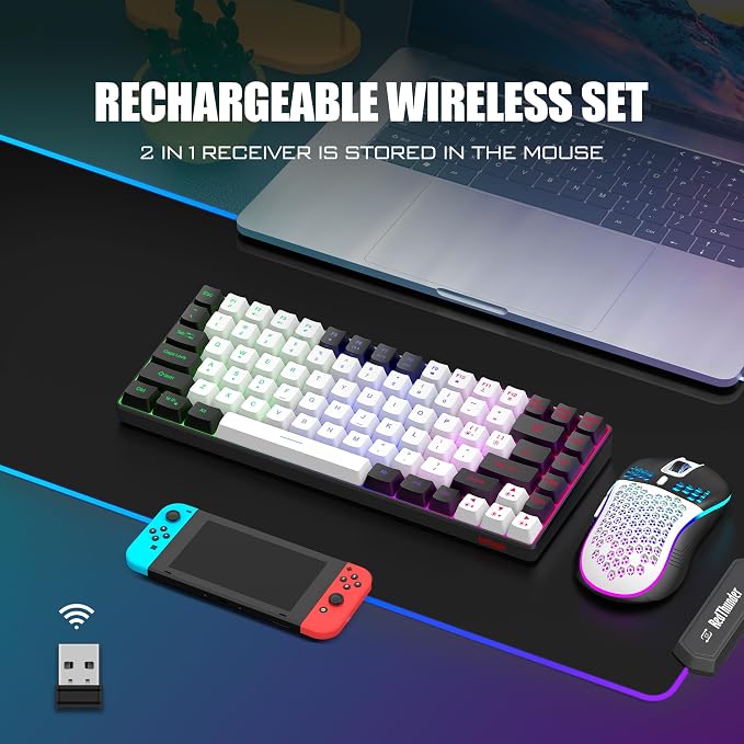 RedThunder K84 Wireless Keyboard and Mouse Combo, LED Rainbow Backlit Rechargeable Battery, 75% Layout TKL Ultra Compact Gaming Keyboard & Lightweight 3200 DPI Honeycomb Optical Mouse (White-Black) - Image 2