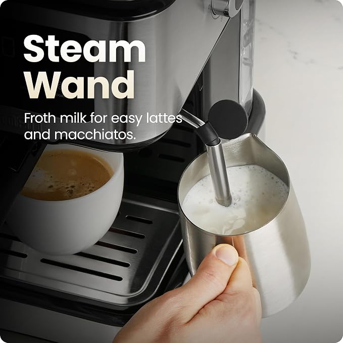Chefman CraftBrew Espresso Machine, 15-Bar Pump Digital Espresso Maker w/Steam Wand for Latte & Cappuccino, Compact Espresso Coffee Machine w/ 1.5L Removable Water Reservoir - Stainless Steel - Image 5