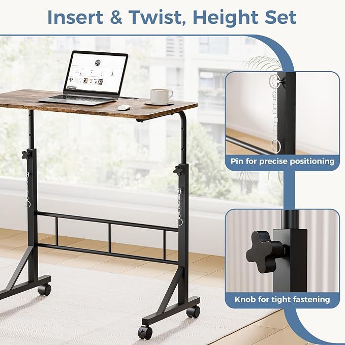DUMOS 31.5" Walking Pad Desk, Laptop Desk, Home Office | Lockable Wheels, Adjustable Height, Portable Rolling Design, Treadmill Use, Stand Up Style, Rustic Brown - Image 7