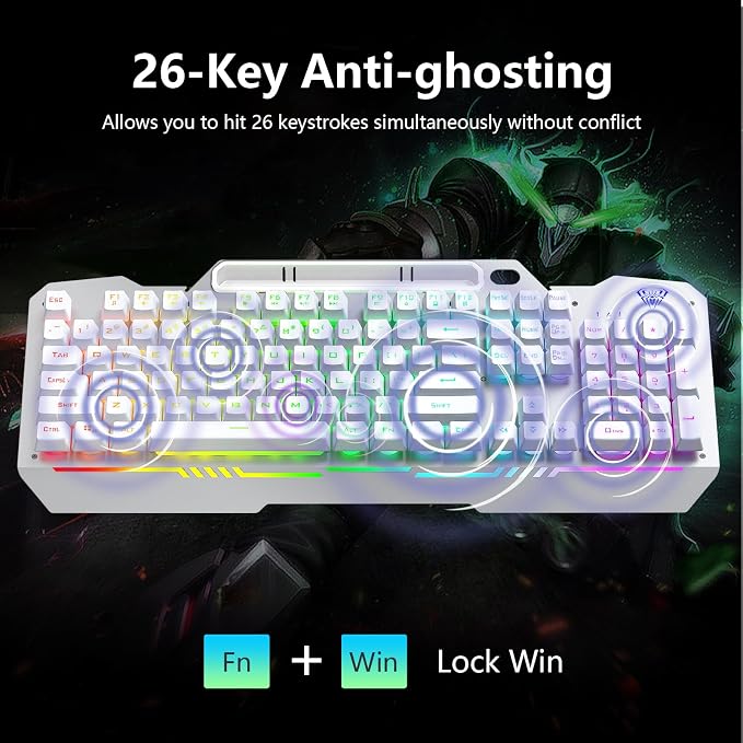 AULA Gaming Keyboard, T102 104 Keys Keyboard and Mouse Combo, USB Wired Computer Keyboards Mechanical Feel Full Size, RGB Backlit for PC/Laptop Gaming or Working/Office (White) - Image 4