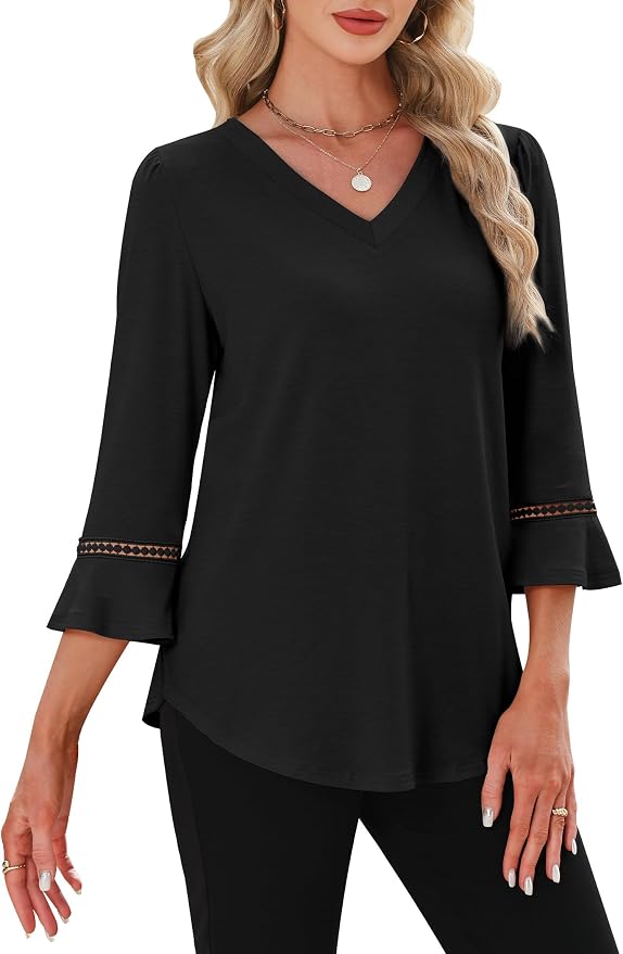WIHOLL Womens Blouses Dressy Casual 3/4 Length Sleeve Tops Lace Trendy 2026 Spring Summer V Neck Shirts Vacation Outfits - Image 3