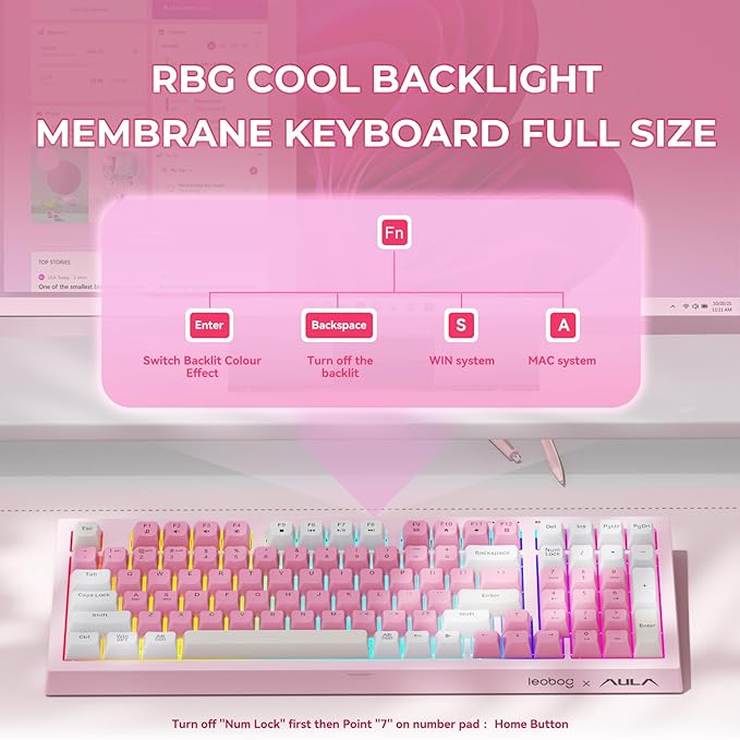 LEOBOG x Aula Pink Keyboard Wireless Creamy Computer Gaming Keyboards | Silent Membrane Keyboard, 98 Keys 2000mAh Quiet Creamy Keyboard with Number Pad, Rechargeable, for PC Mac Office Dorm Rooms - Image 4