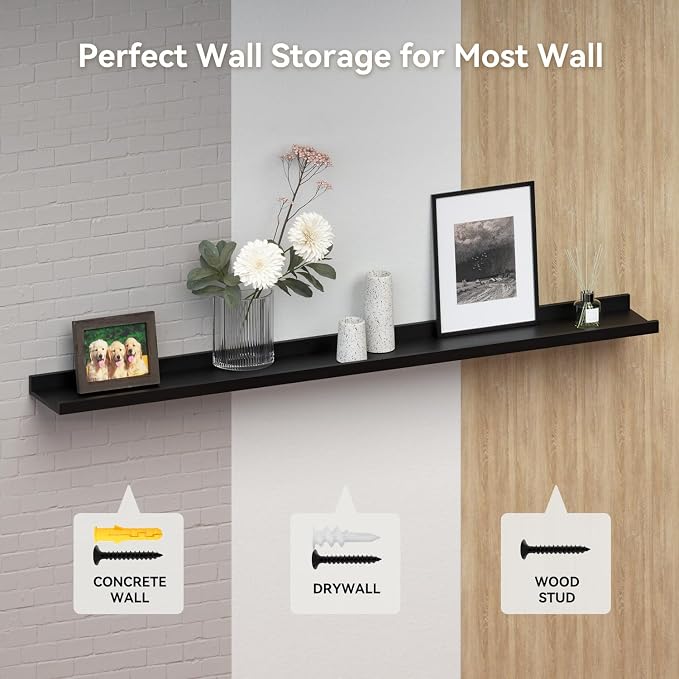 RICHER HOUSE 3-Set Floating Shelves with Lip, Black Small Wall Shelf, 16In | Display Picture Ledge Shelf, Anti-drop lip Shelf for Room Wall Decor, Bedroom Bathroom Storage Nursery Books, Easy Setup,Wood - Image 7