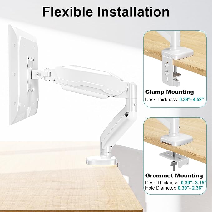 MOUNT PRO Single Monitor Desk Mount - Articulating Gas Spring Arm, Removable VESA Mount for Computer Monitor Stand with Clamp and Grommet Base Fits 13 to 32 Inch Screen, VESA 75x75, 100x100, White - Image 7