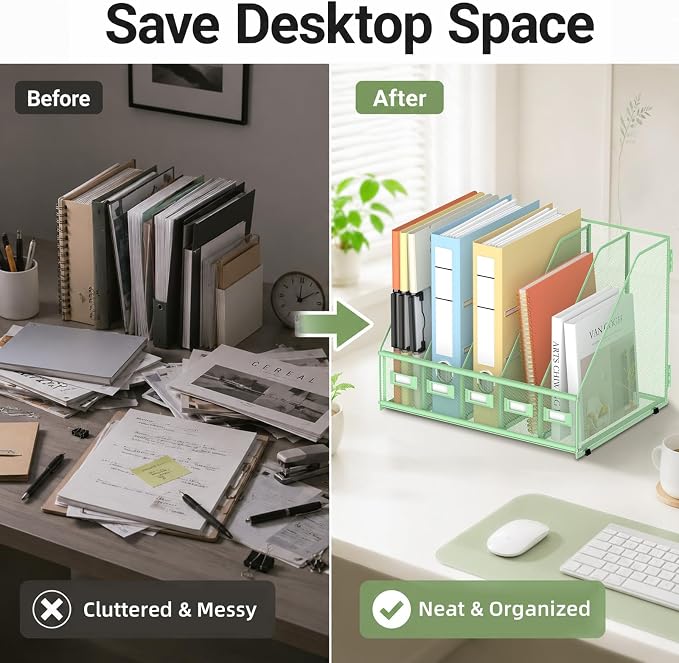 SUPEASY Desk Organizers Metal Desk Magazine File Holder with 5 Vertical Compartments Rack File Organizer for Office Desktop, Classroom, Home Workspace, Green, Plus - Image 8