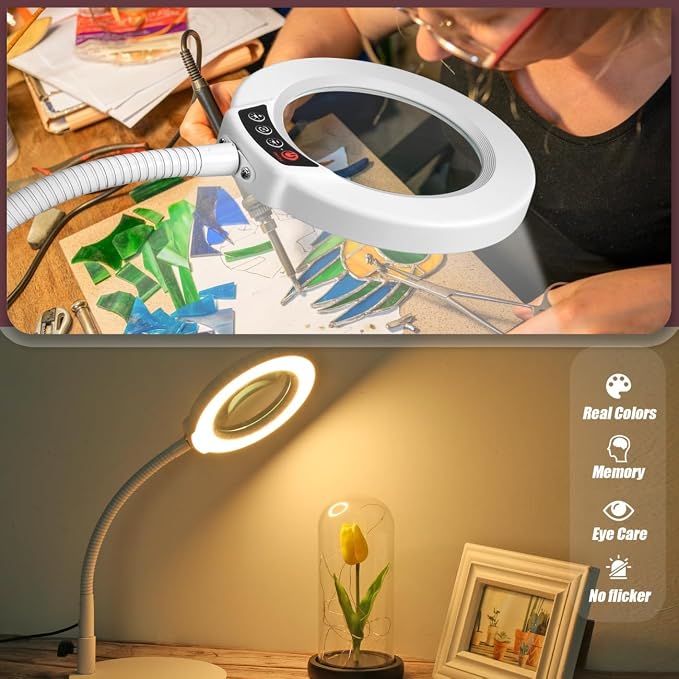 10X Magnifying Glass with Light and Stand, 5 Color Modes Stepless Dimmable LED Lighted Desk Lamp, Hands Free Flexible Gooseneck Magnifier with Light for Craft Hobby Painting Close Work - White - Image 6