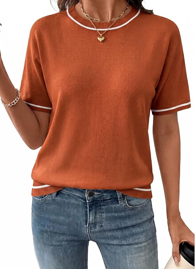 SHEWIN Womens Tops Trendy Short Sleeve Shirts Crewneck Lightweight Knit Sweater Top Business Casual Outfits by SHEWINBeYourFashionStylist