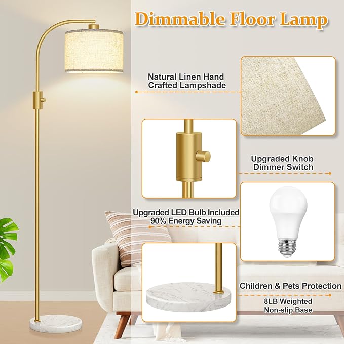 Nintiue Upgraded Modern Arc Dimmable Tall Standing Floor Lamp with Marble Base & Linen Shade, 1200 Lumens LED Bulb Included, for Living & Reading Room, Bedroom, Office & Nursery, Gold - Image 4