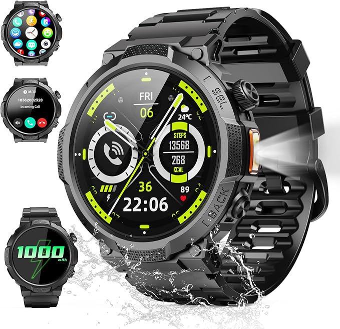 Smart Watches for Men (Answer/Make Call), 1.53" HD Military Smartwatch, 50+ Days Extra-Long Battery Life Fitness Tracker, Flashlight/110+Sports/Heart Rate/Sleep Monitor/IP68 Waterproof Android iOS by Soudorv