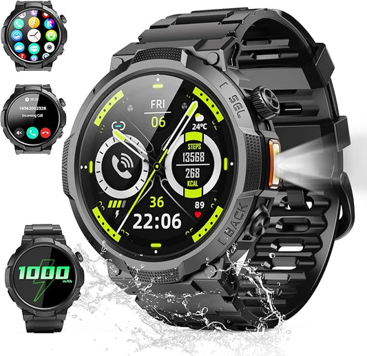 Smart Watches for Men (Answer/Make Call), 1.53" HD Military Smartwatch, 50+ Days Extra-Long Battery Life Fitness Tracker, Flashlight/110+Sports/Heart Rate/Sleep Monitor/IP68 Waterproof Android iOS by Soudorv