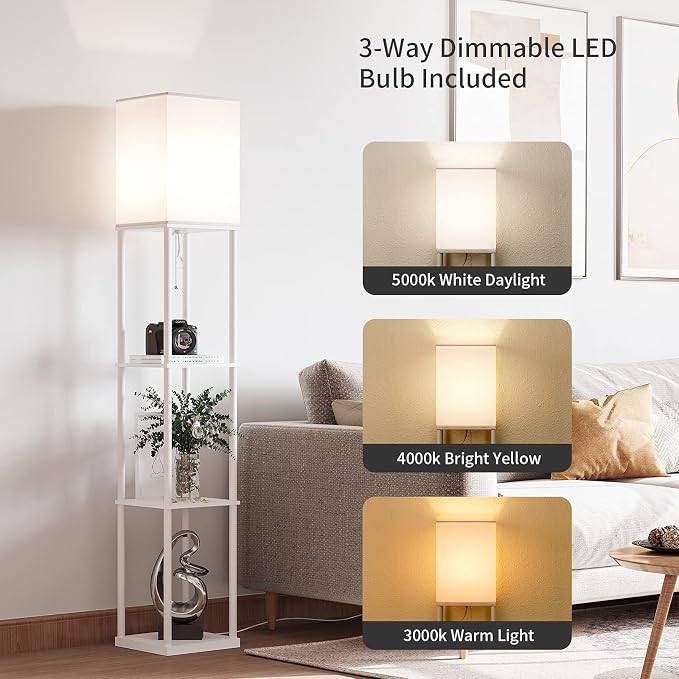 SUNMORY Floor Lamp with Shelves, Modern Square Standing Lamp with 3 Color Temperature Bulb, Corner Display Bookshelf Lamp for Living Room and Bedroom - Image 2