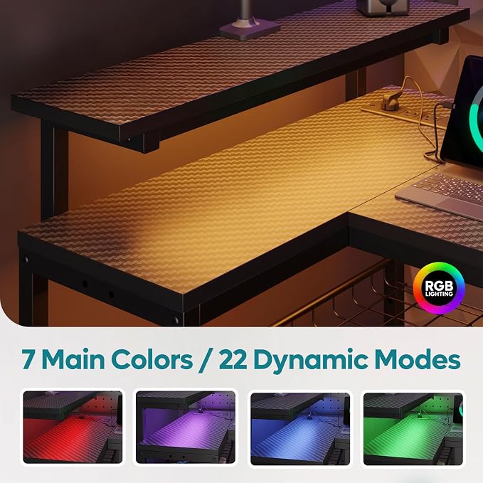 Bestier 52-Inch L-Shaped Gaming Desk with Charging & LED, Black | Charging 3AC+2USB, RGB LED 20 Colors/22 Modes, Reversible Shelves, Carbon Fiber Texture, Headphone Hook, 52 in - Image 5
