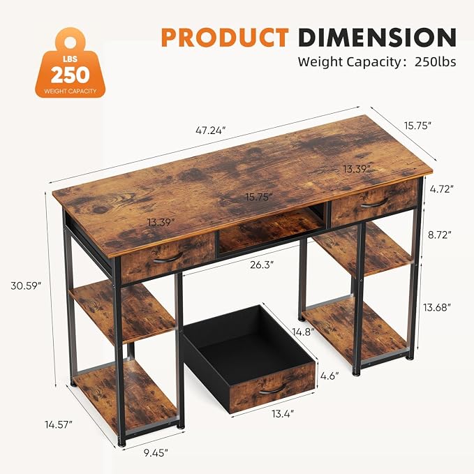 47 Inch Computer Desk with 2 Drawers, Home Office Desk with Wooden Shelves, Study Writing PC Table for Small Spaces, Bedroom, Dorm or Living Room, Rust - Image 3