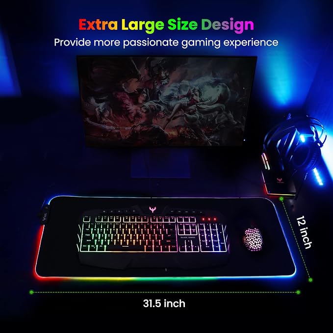 BladeHawks RGB Gaming Mouse Pad Extra Large Extended 31.5x12 Inch-Black | LED mouse pad with 14 lighting modes, covers keyboard & mouse, anti-slip rubber base, waterproof surface, USB powered - Image 6