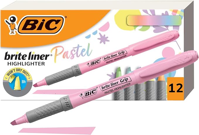 BIC Brite Liner Grip Pastel Highlighter Set, Chisel Tip, Pack of Pastel Highlighters in Assorted Colors (colors may vary), Cute Highlighters for Bullet Journaling, Note Taking and More (Pack of 18) by BIC