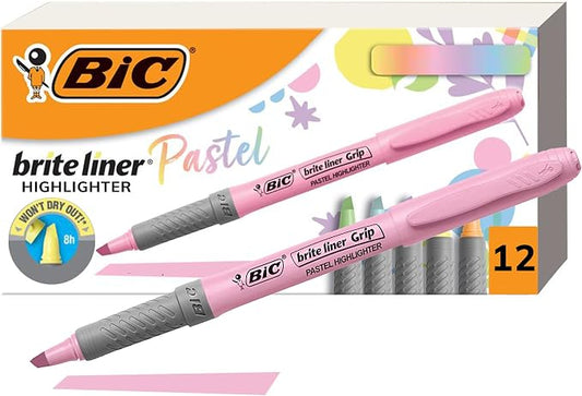 BIC Brite Liner Grip Pastel Highlighter Set, Chisel Tip, Pack of Pastel Highlighters in Assorted Colors (colors may vary), Cute Highlighters for Bullet Journaling, Note Taking and More (Pack of 18) by BIC