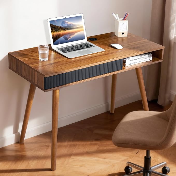 Walnut Wood Desk with Drawer, 42.5" Mid Century Modern Writing Desk | Drawer & Open Storage Cubby, Cable Grommet, Solid Wood Legs, Reinforced Structure for an Organized & Stable Workspace by Artswish