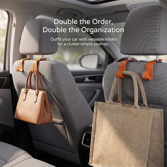 4PCS Car Seat Headrest Hooks, Auto Back Seat Hanger Holder, Durable Stylish Vehicle Organizer Universal Car Interior Accessories, Storage Hooks for Purses, Bags, Clothes (Carbon Fiber/Orange) - Image 6