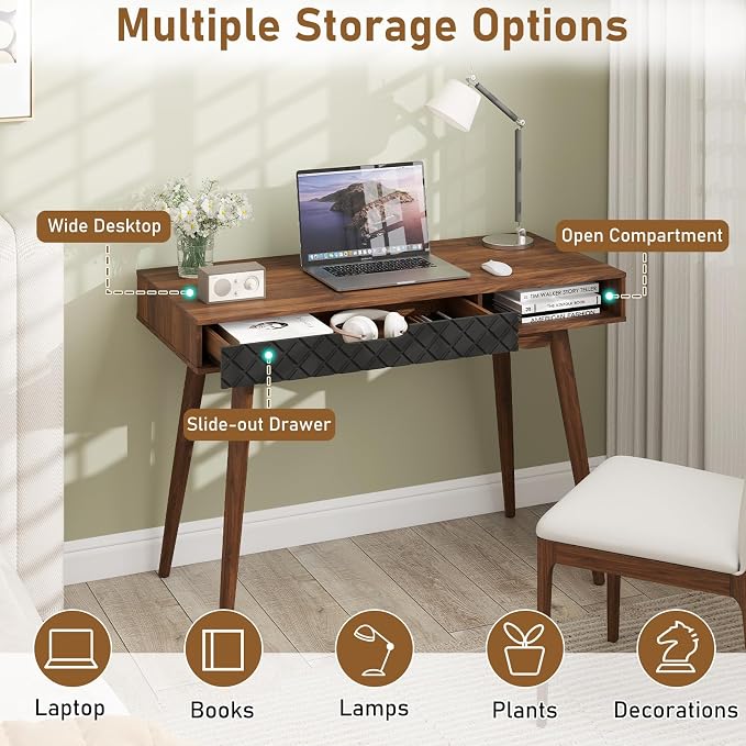 Tangkula Mid Century Modern Desk, Home Office Standing Desk w/Drawer & Open Compartment, Small Computer Desk Work Study Table, Vintage Writing Desk Wooden Workbench for Bedroom/Living Room - Image 6