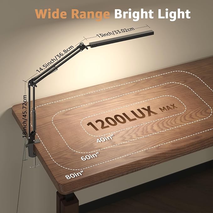 Upgrade Swing Arm LED Desk Lamp with Clamp, 80 LED Beads, 5 Color Modes & 11 Brightness Levels, 360° Adjustable Arm, Eye-Caring Light CRI95, Timer & Memory Function, for Office, Study, Crafting - Image 3