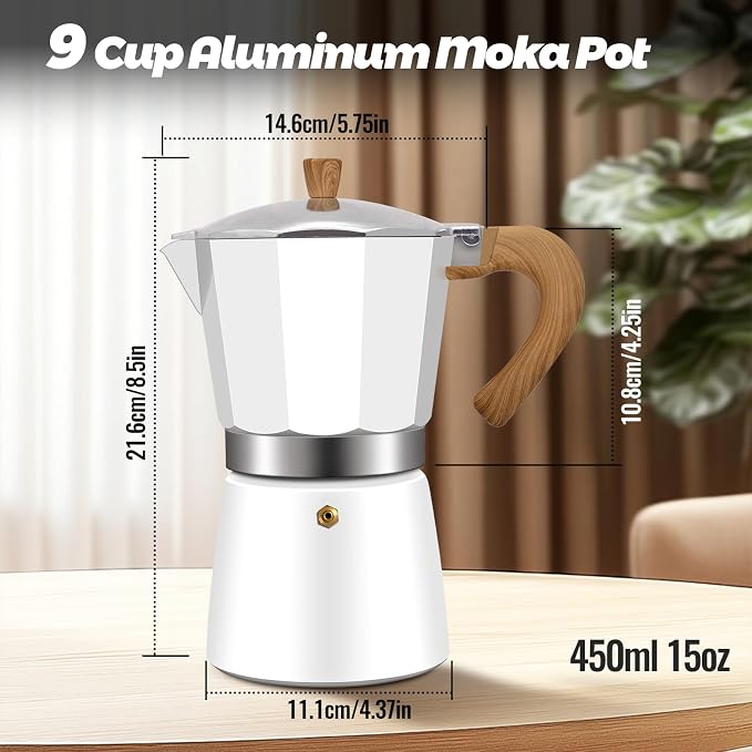 9 Cup Aluminum Moka Pot Classic Stovetop Espresso Coffee Maker 450ml 15oz Coffeemaker Percolator Mocha Express Preferred Cafe Makers for Italian and Cuban Café Brewing White - Image 2