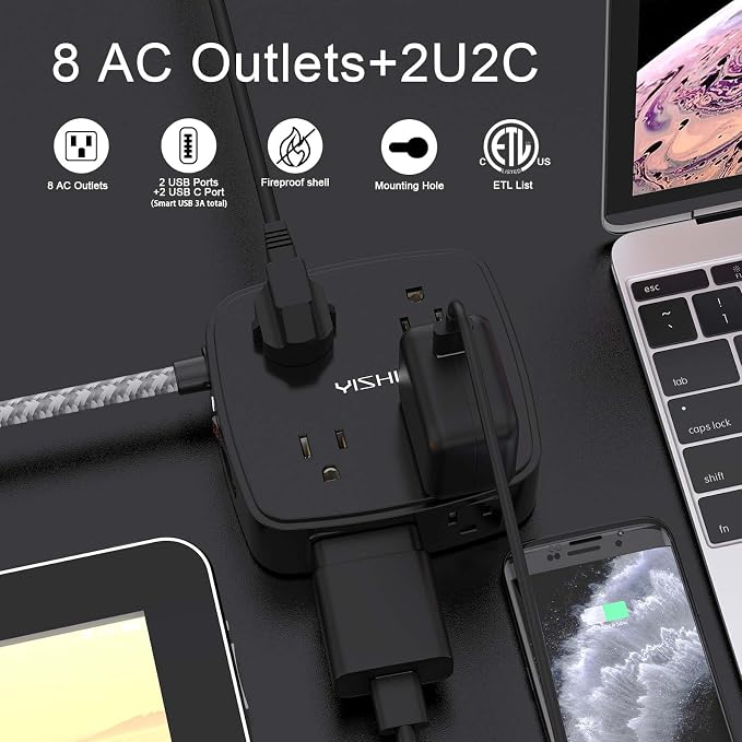 Surge Protector Power Strip - YISHU 8 Outlets with 4 USB (2 USB C) Charging Ports, 10Ft Braided Extension Cord, Flat Plug Multi Plug Outlet Extender Charging Station for Home Office, ETL, Black - Image 2