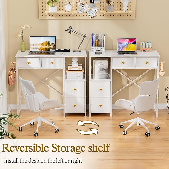3IngSeagulls Small Computer Desk with 4 Fabric Drawers, Simple Writing Desk for Home Office, Compact Study Desks for Small Spaces, Kids Desk Study for Bedroom, White - Image 4