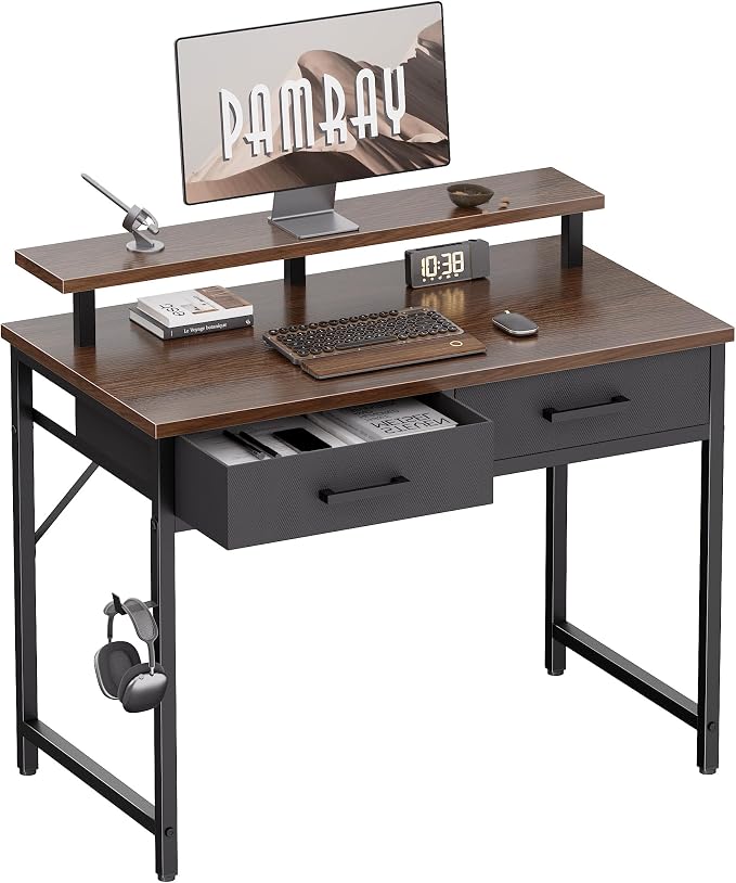 Pamray 32 Inch Small Computer Desk with Monitor Stand and 2 Drawers | Small Gaming Desk, for Bedroom Apartment and Dorm, for Study Work and Writing, Small Spaces, Sturdy, Easy Assembly by PAMRAY