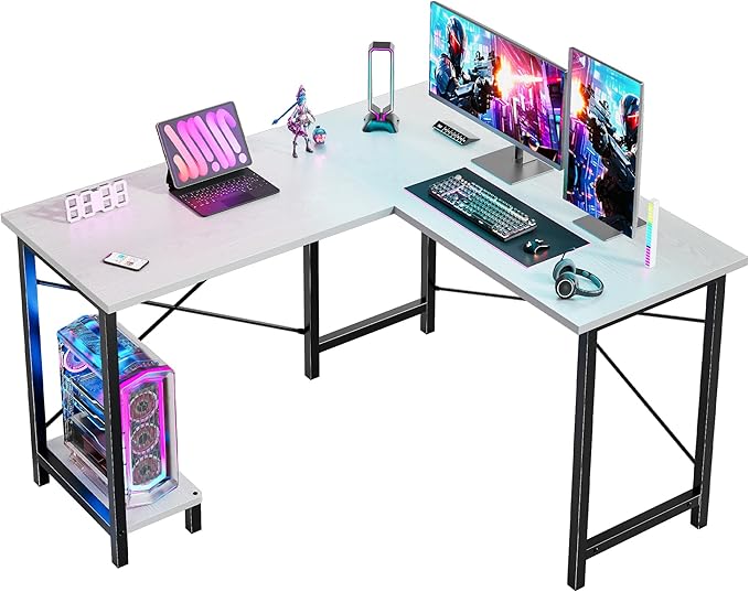 DUMOS 50-Inch Reversible L Shaped Desk with CPU Shelf, White | Computer Desk with Sturdy Metal Frame, Corner Gaming Desk, Home Office Desk for Study, Writing and Work, Sturdy Modern Design by DumosLifestyle