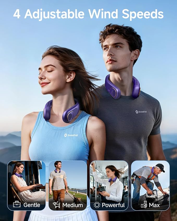 SWEETFULL Portable Neck Fan: 5200mAh Bladeless Personal Fan | 4 Speeds, 20H Max Runtime, No Hair Twist Quiet Wearable Fan for Travel | Birthday Gifts for Men Women Mom Dad - Image 2