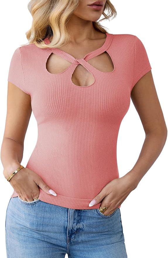 Pink Queen Sexy Tops for Women Cutout Keyhole Neck Cap Sleeve Shirts Casual Summer Clothes 2026 Fashion - Image 8