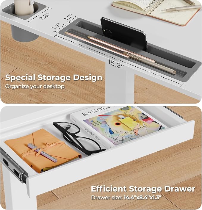 Mobile Standing Desk with Drawer, 35"×20" Small Desk, White | Portable Laptop Workstation with Cup Holder and Hooks, Height Adjustable Rolling Desk with Wheels, Teacher Classroom Use - Image 4