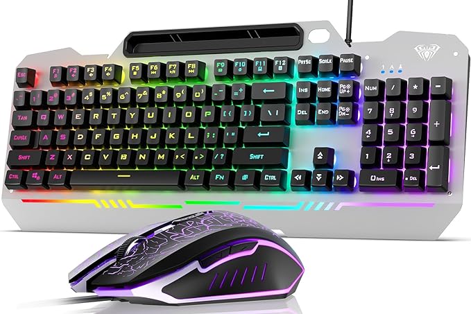 AULA Gaming Keyboard and Mouse,Wired 104-Key Mouse and Keyboard Combo Metal | Full Size Computer Keyboards with Number Pad,New Update Version,RGB Backlit Anti-Ghosting PC Keyboard for Laptop WinXP/7/8/10 by AULA