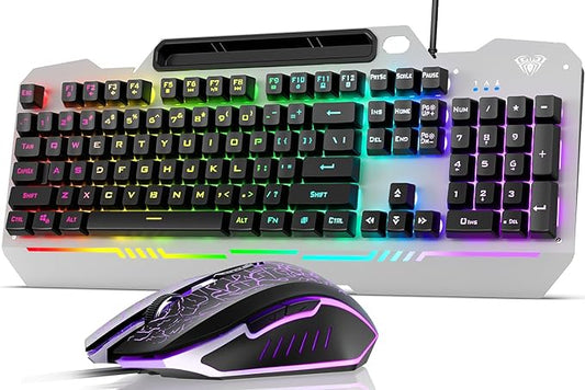 AULA Gaming Keyboard and Mouse,Wired 104-Key Mouse and Keyboard Combo Metal | Full Size Computer Keyboards with Number Pad,New Update Version,RGB Backlit Anti-Ghosting PC Keyboard for Laptop WinXP/7/8/10 by AULA