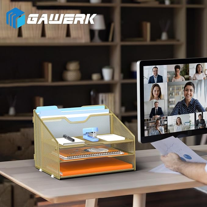 GAWERK Letter Tray Organizer, Mesh Desk File Organizer with 3 Paper Trays and 2 Vertical Upright Section (Gold) - Image 6