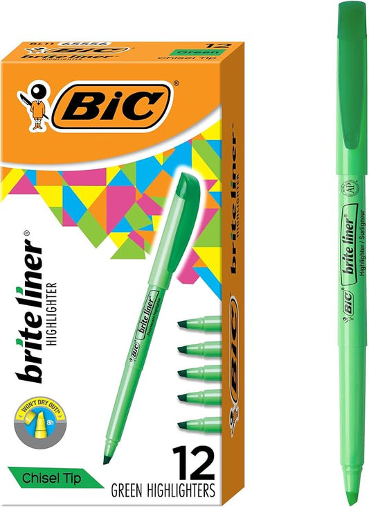 BIC Brite Liner Highlighters, Chisel Tip, 12-Count Pack of Green Ink by BIC