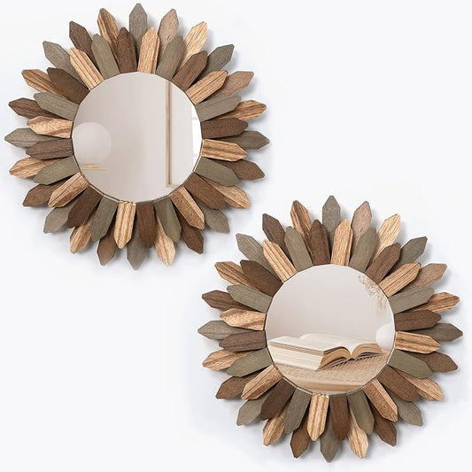 Honiway Boho Wall Decor Mirror 2 Pack 12 inch Rustic Wood Decorative Mirror for Room Decor Rustic Farmhouse Wall Decor for Bedroom Bathroom Living Room Entryway Tril Color by Honiway